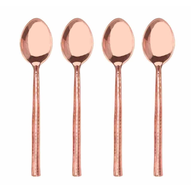 Stylex Artisan Collection Ensemble de Cuillères à Espresso de Carrière avec Quatre Cuillères en Acier Inoxydable Martelé et Plaqué Cuivre, avec Poignées Arrondies, Exposées Côte à Côte sur Fond Blanc, Idéal pour Coutellerie et Réceptions, Convient Aussi pour Remuer de Petites Boissons.