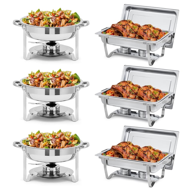 Kojooin Ensemble de 2/4/6 Plats à Réchaud pour Buffet, Ensemble de Réchauds Rectangulaires de 8 Qt et Ronds de 5 Qt en Acier Inoxydable avec Couvercle, Poêle pour Aliments et Eau et Support à Carburant pour Événements