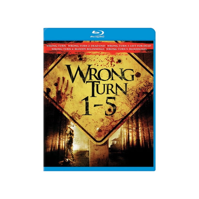 BUENA VISTA HOME VIDEO WRONG TURN 1-5 (BLU-RAY/5PK) BR2298847 Shrink-wrapped five-disc Blu-ray set of the Wrong Turn horror series (2014 video release), front-facing case with bold white and red title lettering and visible stacked spines on a dark background, suitable for shelf display.