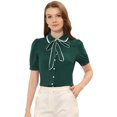 thumbnail image 1 of INSPIRE CHIC Women's Contrast Peter Pan Collar Shirt Puff Sleeve Button Up Tie Neck Blouse Dark Green L, 1 of 4