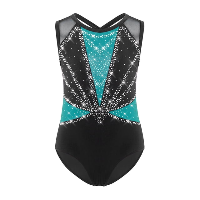 Linjinx Gym Leotards for Girls Ballet Dance Bodysuits Rhinestones Sleeveless Figure Skating Jumpsuit Green 10