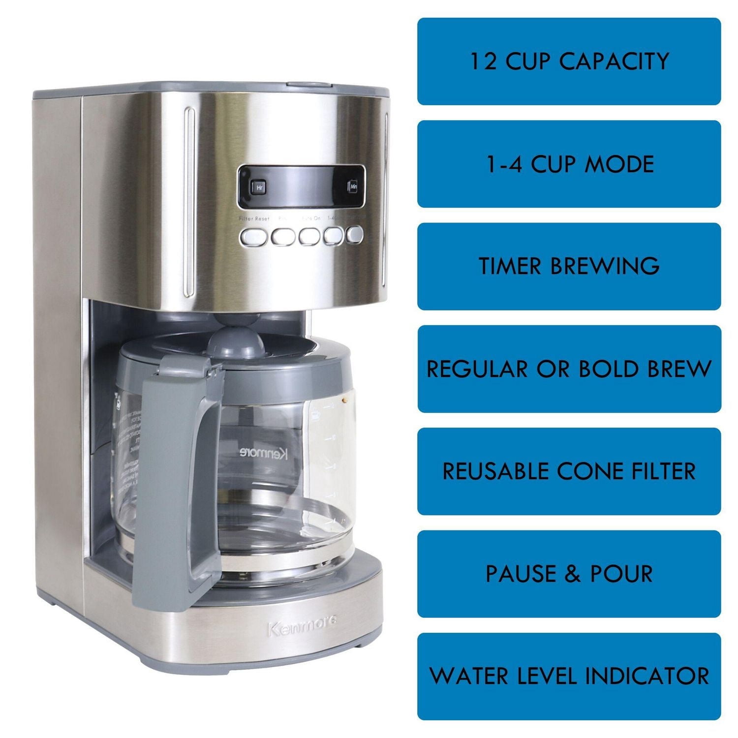 Kenmore Programmable 12-Cup Coffee Maker, Stainless Steel, Auto Brew & Keep Warm Functions