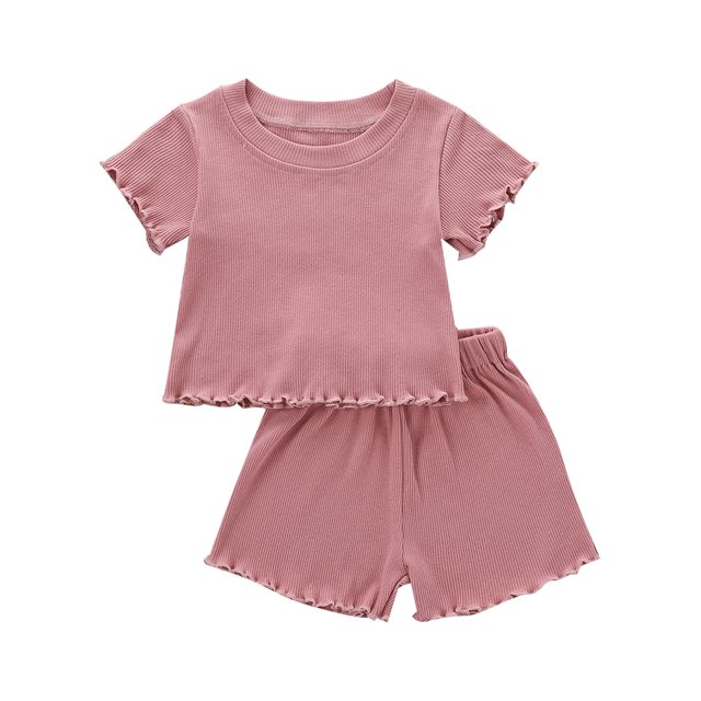 Xingqing 2PCS Toddler Baby Girl Solid Color Ribbed Short Sleeves O-Neck Tops + Shorts