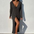 thumbnail image 1 of Robe Chandail Longue en Tricot à Col en V Profond pour Femmes avec Boutons, Manches Longues, Robe Maxi, 1 of 6