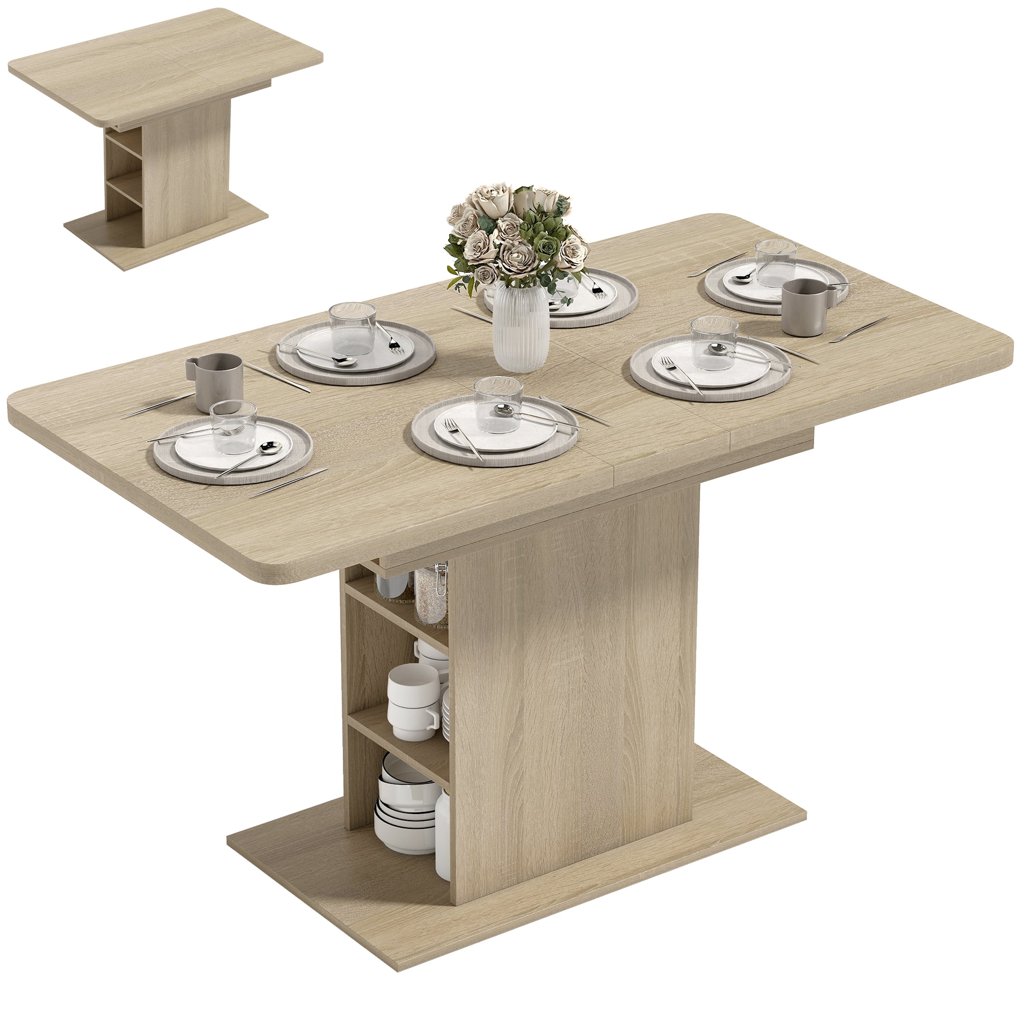 HOMCOM Extendable Dining Table for 4-6, Rectangular Kitchen Table, Natural