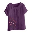 thumbnail image 2 of Pisexur Hauts pour Femmes Décontractés en Lin Col Rond Grande Taille Imprimé Manches Courtes T-shirt Blouse, Hauts d'Été pour Femmes Violet, TG, 2 of 3