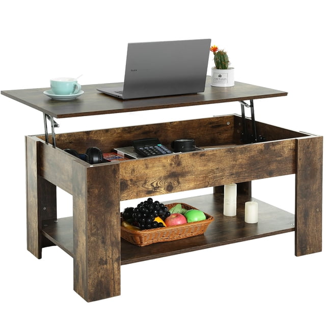 NiamVelo Table Basse en Bois à Plateau Relevable avec Compartiment Caché et Tablette de Rangement pour Salon, Brun