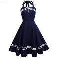 thumbnail image 1 of HKEJIAOI Liquidation d'Économies Robes Décontractées pour Femmes Cadeau de Noël Femmes Robe Évasée à Rayures à Col Licou Robe Sans Manches à Col Rond Bleu Foncé, 1 of 5