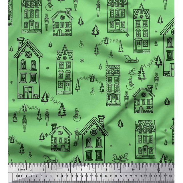 Soimoi Green Japan Crepe Satin Fabric Architectural Structure Architectural Decor Fabric Printed Yard 42 Inch Wide