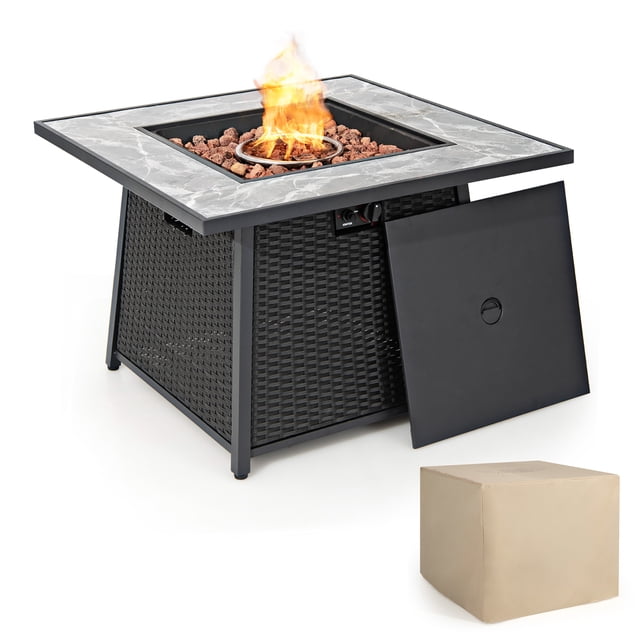 Costway Table de Foyer au Gaz Propane de 35 Pouces pour Patio en Rotin PE Osier avec Roches de Lave, Housse en PVC