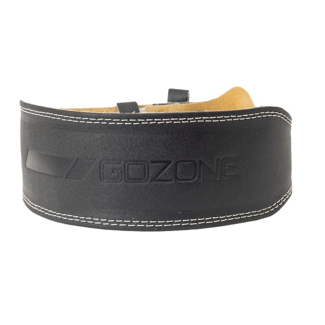 GoZone SM/MD Leather Weight Belt in black with embossed logo and white double stitching, featuring a suede lining and foam padding for core and lower back support during weightlifting, fitting waists 29 to 35 inches, also suitable for heavy lifting tasks to reduce injury risk.