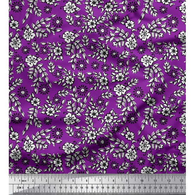 Soimoi Polyester Crepe Fabric Leaves & Floral Block Print Fabric by Yard 52 Inch Wide