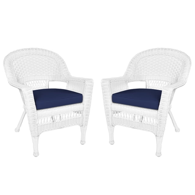 Jeco Chaise en Osier Osier / Rotin Blanche avec Coussin Bleu (Ensemble de 2)