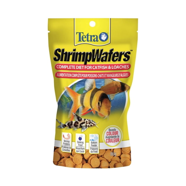 Tetra ShrimpWafers catfish & loaches fish food in a yellow resealable bag featuring images of catfish and loaches, formulated sinking wafers with shrimp proteins to support omnivorous bottom feeders' health and boost fish colour.