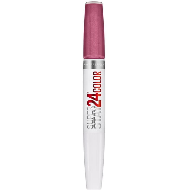 Maybelline New York Superstay Rouge à Lèvres en tube Mince à Double Extrémité avec base Blanche et Capuchon Rose Scintillant, Étiqueté « Super Stay 24 Color » en Texte Rouge et Argent, Offrant une Couleur de Lèvres Liquide Longue Tenue Scellée avec un Baume Ultra-Conditionnant pour une Hydratation Durable et Sans Transfert, Convient pour un Port Toute la Journée.