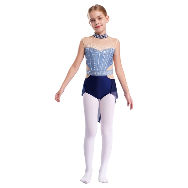 Jhaoyu Robe de Danse Lyrique pour Filles Robe de Ballet Enfants Sans Manches Gymnastique Justaucorps Jupe Haute Basse Bleu&Bleu Marine 12