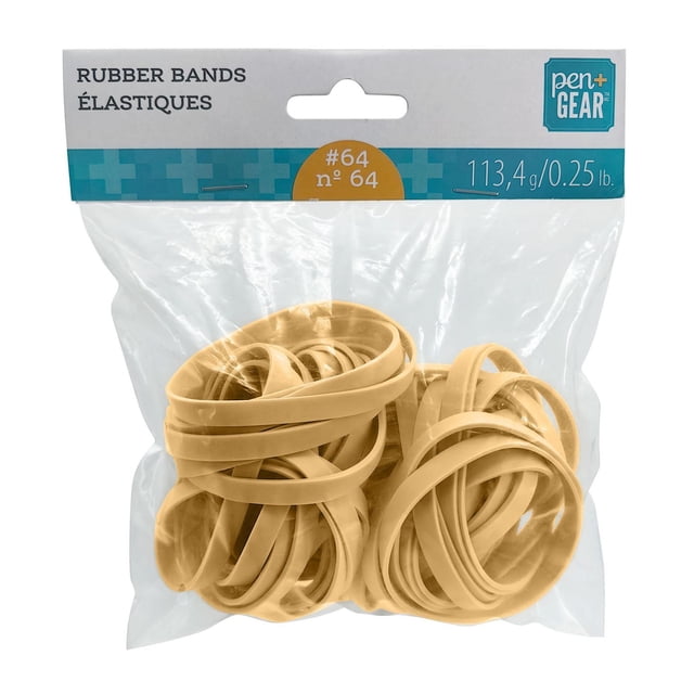 Pen+gear 1/4lb rubber bands #64 in a clear plastic bag with a white and teal header card, containing natural tan rubber bands weighing 0.25 lb (113.4 g), suitable for bundling papers, money, and writing instruments in office, school, or home use.