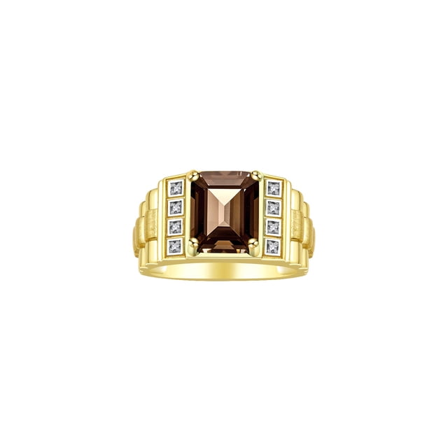RYLOS Men's Rings Yellow Gold Plated Silver Designer Style 10X8MM Emerald Cut Shape Gemstone & Diamonds Smoky Quartz June Birthstone Rings For Men Size 9