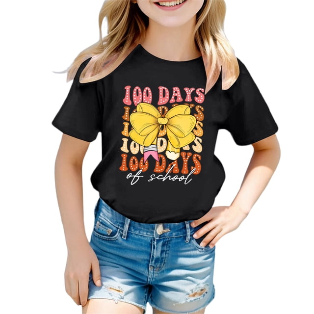 LUOGENLI T-Shirt pour Filles Enfants Mode Décontractée Imprimé Col Rond Ample Manche Courte T-Shirt Haut Maxi Hauts Ensemble Tendance Noir 10-11 Ans