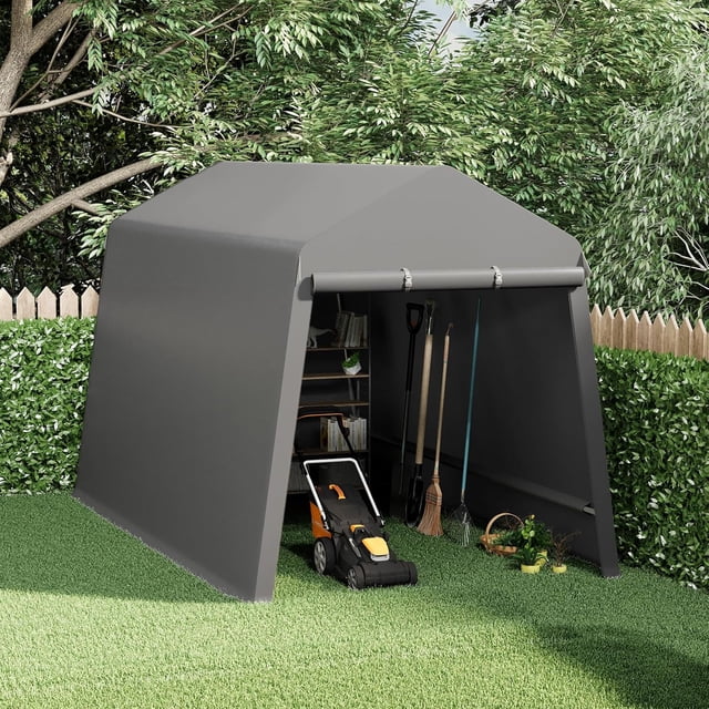Abri de Rangement Extérieur Portable 7 X 12 Pi, Abri d'Auto Robuste avec Portes à Glissière Enroulables et Évents, Imperméable, Résistant aux UV, Abri Anti-Neige pour Motos, VTT, Vélos et Équipement de Plein Air, Gris