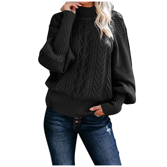 Ladies Mid Neck Sweater Bubble Sleeve Sweater Loose Long Sleeve Knit Long Sleeve Pullover for Women Solid Color Sweater Pullover Women Pullover Sweaters Long Sleeve Top