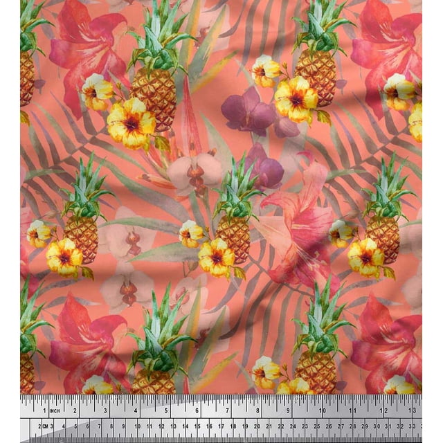 Soimoi Orange Poly Georgette Tissu Lys & Pin Fruits Tissu Imprimé par la Cour 52 Pouces de Large