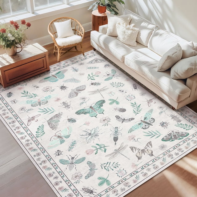 GlowSol 8x10 Charming Botanical Butterfly & Insect Washable Area Rug, Non-Slip Low-Pile Stain Resistant Floor Carpet for Living Room Bedroom Nursery Home Decor, Beige