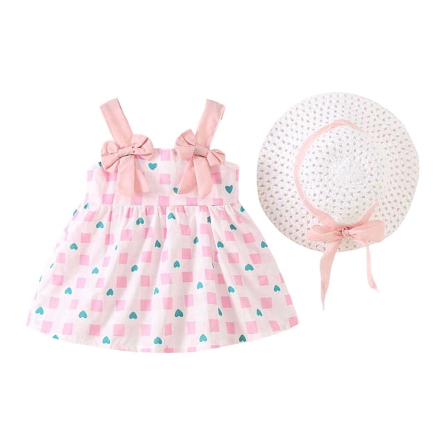 Robes pour Bébé Robe Tutu Sans Manches pour Bébé Robe d'Été pour Fillette avec Chapeaux 2 Pcs Tenues pour Nourrisson 1-2 Ans