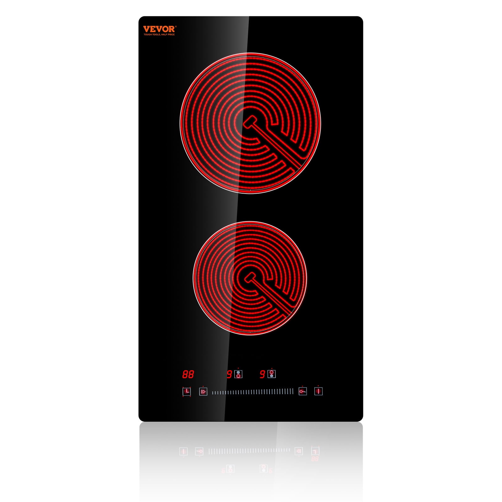 VEVOR Built in Electric Stove Top, 20 x 11.6 inch 2 Burners, 240V Glass Radiant Cooktop with Sensor Touch Control, Timer & Child Lock Included, 9 Power Levels for Simmer Steam Slow Cook Fry