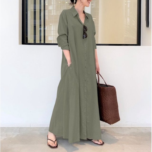 Bramtres Robes Maxi, Robes de Vacances, Robe Chemise Longue Décontractée pour Femme en Coton et Lin à Boutons avec Poches, Longues Robes, Robe à Manches Longues, Robes Modestes, Vert 1 Robe, 3TG