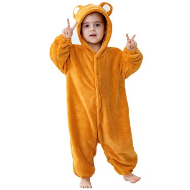 Floleo Girls Boys Long Sleeve Hooded Bear Jumpsuit Warm Winter Romper Homewear Soft Fleece Outfit Cozy Playwear Toddler Kids Baby Cute Clothes Holiday Birthday(Yellow#2,1-2 Years)