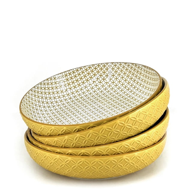 BIA S/4 Textured Shallow Bowls, Yellow, set of four 21 x 5 cm stoneware bowls with textured exterior and geometric interior pattern, ideal for serving pasta, salad, poke bowls, or snacks, microwave and dishwasher safe.