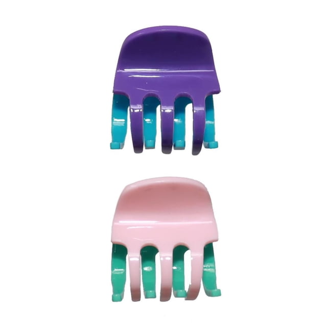 Justice Hair Accessories pack of two colorblock hair claws for kids, one purple with teal prongs and one pink with teal prongs, one size fits all, shown front-facing on white background, suitable for securing hair in casual styles.