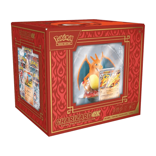 Pokemon Charizard ex Super-Premium Collection — centered display of a Charizard card-display figure with translucent fire effects holding a foil Charizard ex promo, two foil Charmander and Charmeleon cards, ten booster packs and a Pokémon TCG Live code card.