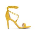 thumbnail image 3 of BLISSFUL STEP Chaussures pour Femmes Sandales à Talon Aiguille Haut à Bride Cheville à Nouer Bout Ouvert en Faux Suède Jaune 8, 3 of 8