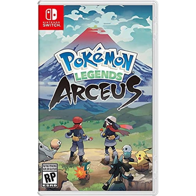 Couverture pour Pokemon Legends : Arceus - Nintendo Switch. l'Oeuvre d'Art Présente Deux Dresseurs Debout sur une Colline Herbeuse avec Divers Pokemon, Dont Pikachu, Cyndaquil et Oshawott, Surplombant un Vaste Paysage avec une Montagne en Arrière-Plan. le logo Nintendo Switch Est Affiché dans le Coin Supérieur Gauche, et le Titre du Jeu Est Bien en Vedette au Centre.