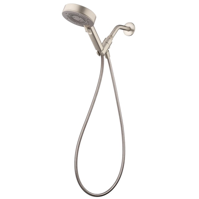 Nebia Yuba 5-Setting Handshower, 1.5 gpm flow rate, brushed nickel finish, with a 5.3-inch rotating shower face offering five spray settings. Includes a 60-inch flexible stainless steel hose and installs easily on existing shower arms for water-saving bathroom upgrades.