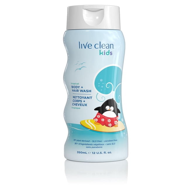 Live Clean Kids Tropical Body & Hair Wash in a 350ml light blue bottle with white flip cap, featuring a cartoon penguin in red floral swim trunks on a yellow surfboard, plant derived and free of SLS and parabens, ideal for gentle cleansing of kids' skin and hair in 2-in-1 hair and body care.
