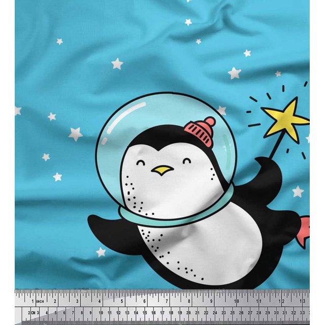 Soimoi Blue Poly Georgette Fabric Snowman & Penguin Cartoon Printed Craft Fabric by the Yard 42 Inch Wide