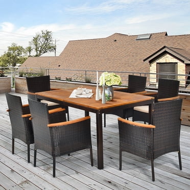Gymax Ensemble de Salle à Manger d'Extérieur en Rotin 7 Pcs Ensemble de Mobilier de Patio avec Coussins Trou pour Parasol