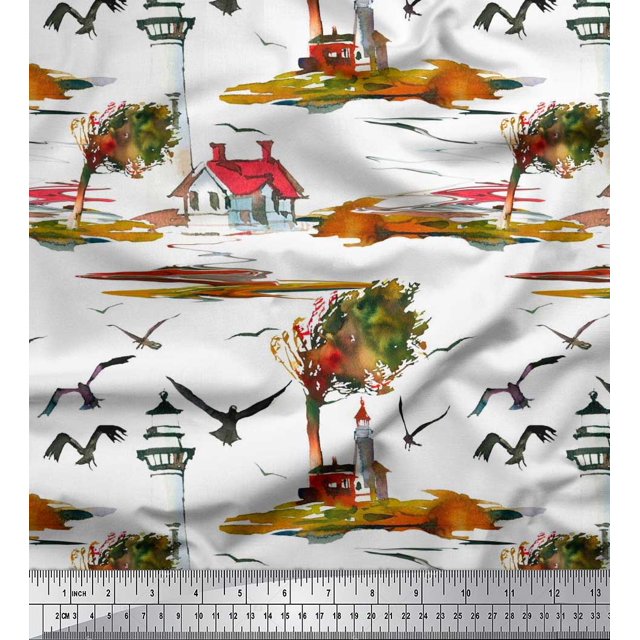 Soimoi polyester Crepe Fabric Lighthouse,Bird & Tree Nature Printed Fabric 1 Yard 52 Inch Wide