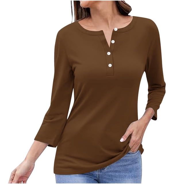 Timegard Tops for Women Long Sleeve Notched V-Neck Button Shirts Solid Color Fall Casual Loose Comfy Tops