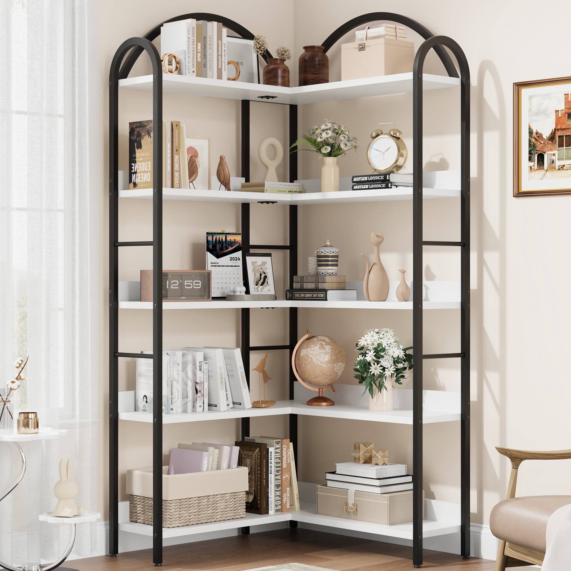 5 Tier Corner Bookshelf with Storage, Shaped Arched Book Shelf, Corner Bookcase with Sturdy Metal Frame, Freestanding Display Shelf for Living Room,Office