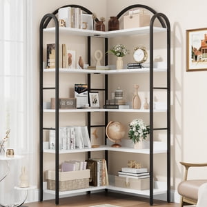 5 Tier Corner Bookshelf with Storage, Shaped Arched Book Shelf, Corner Bookcase with Sturdy Metal Frame, Freestanding Display Shelf for Living Room,Office