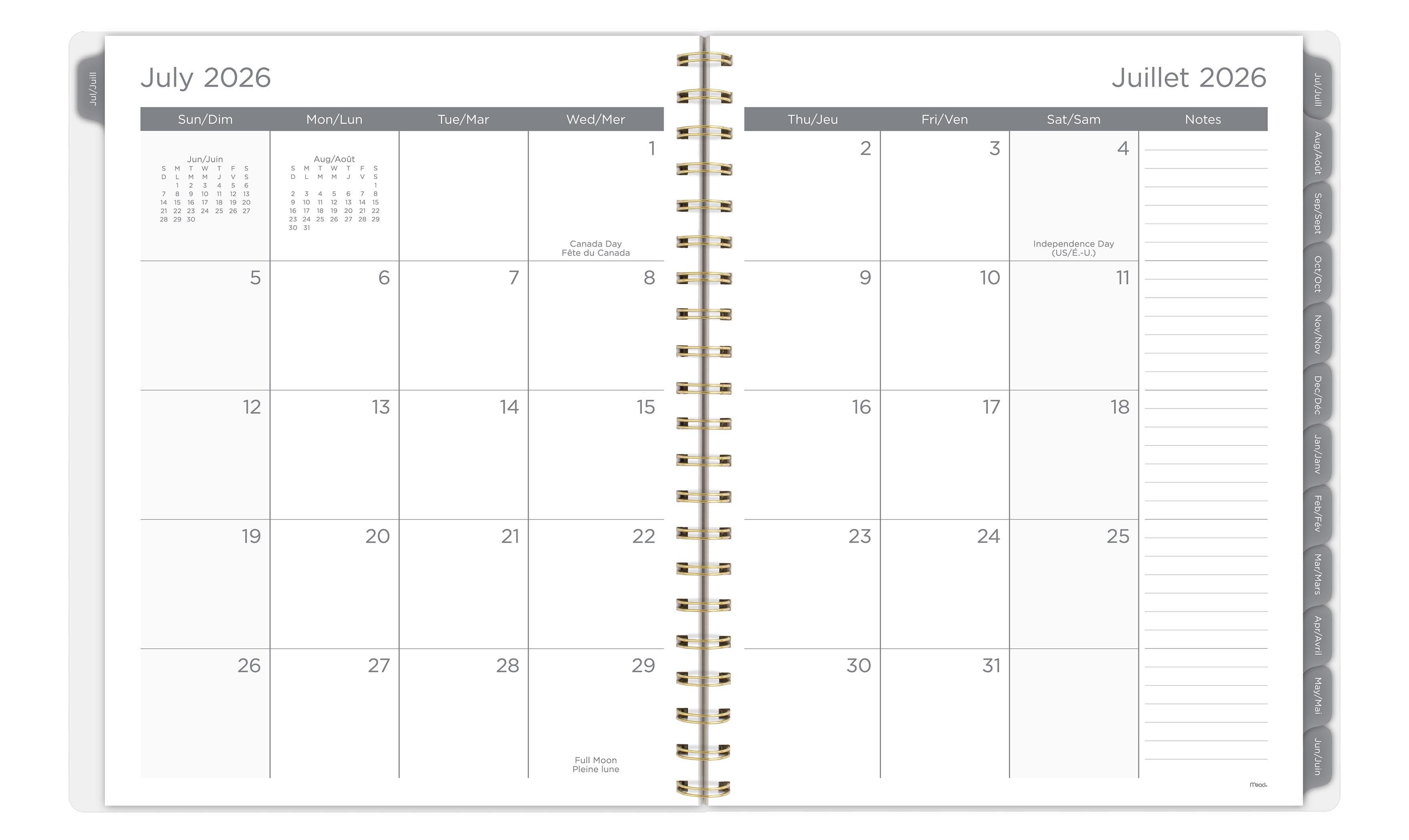 Agenda scolaire hebdomadaire et mensuel format grand Mead® Abeille blanche (Honey Bee White) 2026‑2027