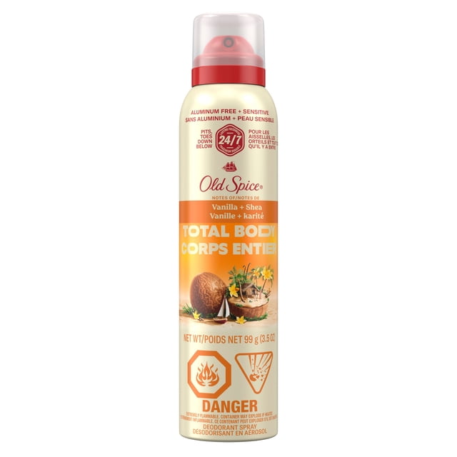 Old Spice Total Body Deodorant Aluminum Free Spray Vanilla + Shea in a 99g (3.5 oz) beige aerosol can with red spray nozzle and clear cap, featuring an orange label with vanilla and shea nut graphics, designed for full body use from underarms to feet, dermatologist tested and free of aluminum, parabens, and dyes.