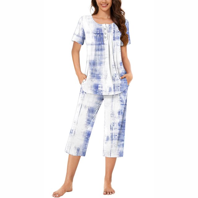 Rbaofujie Pyjama d'Automne pour Femmes, T-Shirt à Col Rond Imprimé à Manches Courtes et Ensemble de Pantalon, Tenue de Détente, Pyjama avec Poches, Ensemble de Pyjama pour Femmes
