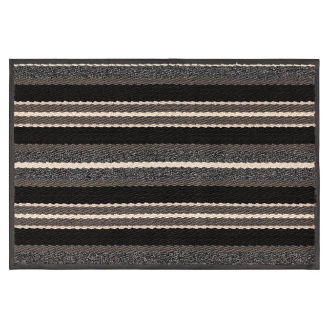 2x3' Discovery Grey Vinyl-backed Floormat with horizontal grey, black, and off-white stripes, tufted stain-resistant polypropylene surface, quick-drying top, and heavy vinyl backing for slip resistance, ideal for indoor entryways and mudrooms.