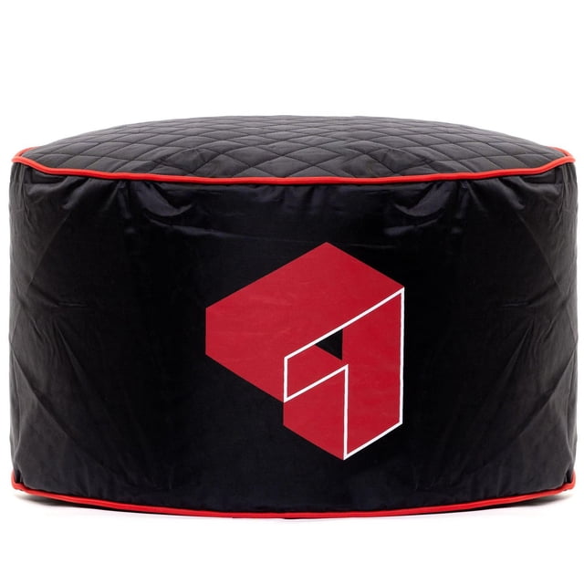 Siteazee Indoor Red Pouf – waterproof black oxford fabric bean bag seat with quilted top and red piping, cube-shaped with a red geometric logo, ideal for kids' bean bag chairs or indoor seating in playrooms and game rooms