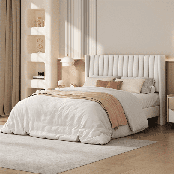 Fullfurnique Upholstered Bed Frame with Wing Side and Channel Headboard, Full, Ivory